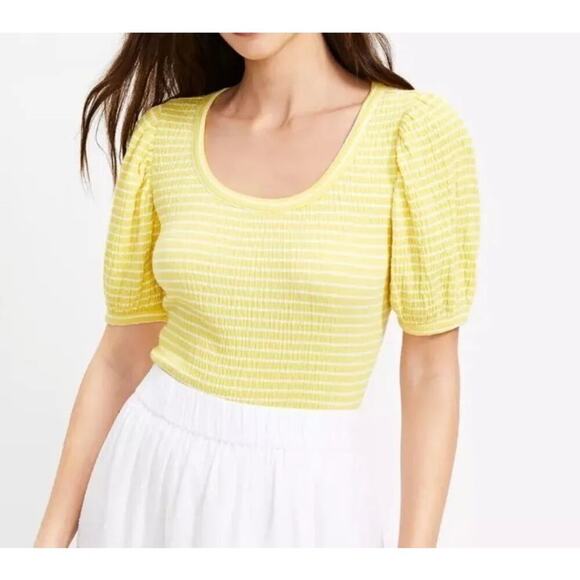 Loft Yellow and White Puff Sleeve Blouse Sz XS - Picture 1 of 7